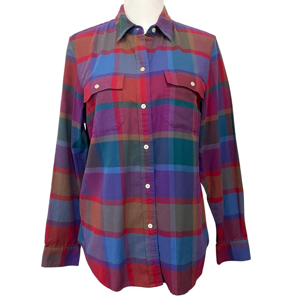 Signature LL Bean Womens Sz L (14) Button Up Top Flannel Colorful Plaid Cotton